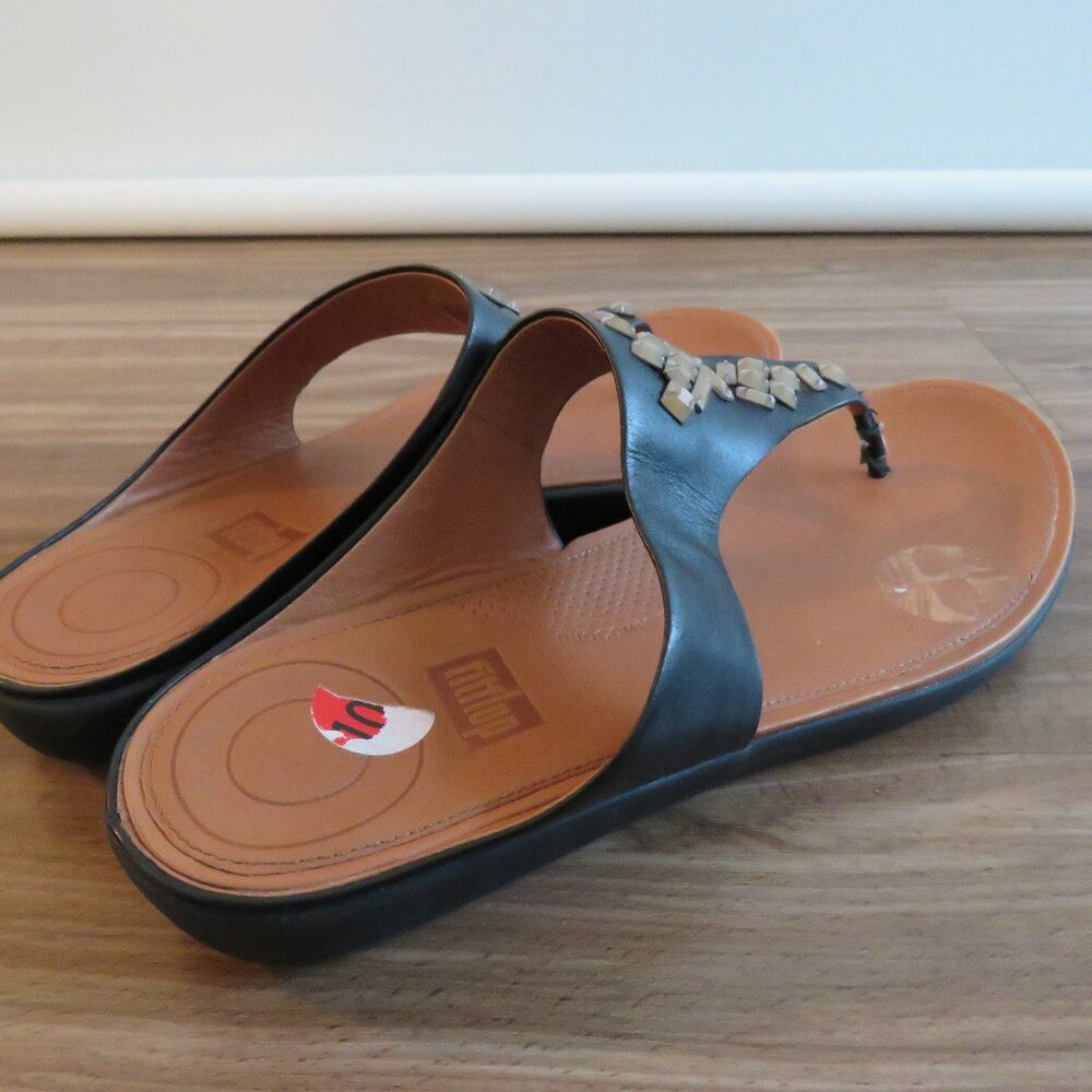 FITFLOP Banda Crystal Toe-Post Thong Sandals Black Leather Comfort - Size US 10 - Picture 6 of 15